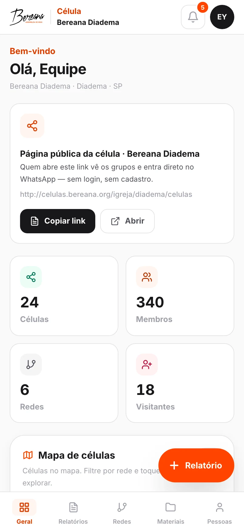 O aplicativo instalado no celular, com o painel de células