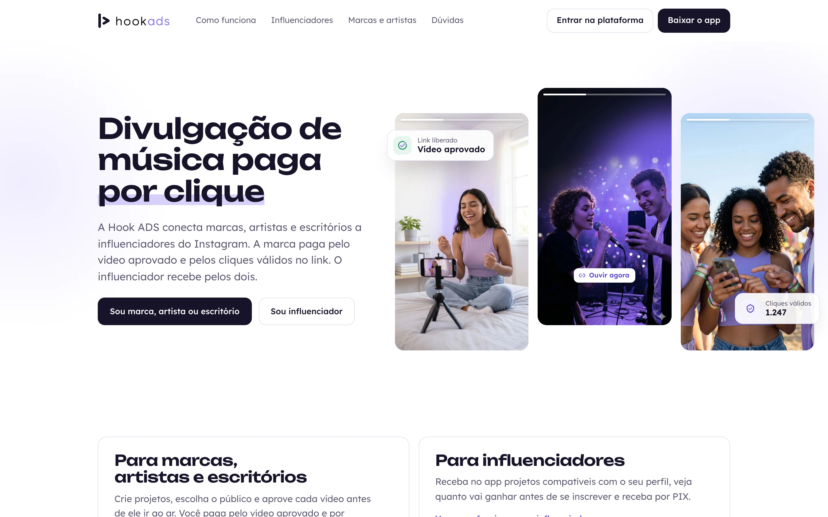 Abertura do site da Hook ADS, apresentando a divulgação de música com influenciadores paga por clique